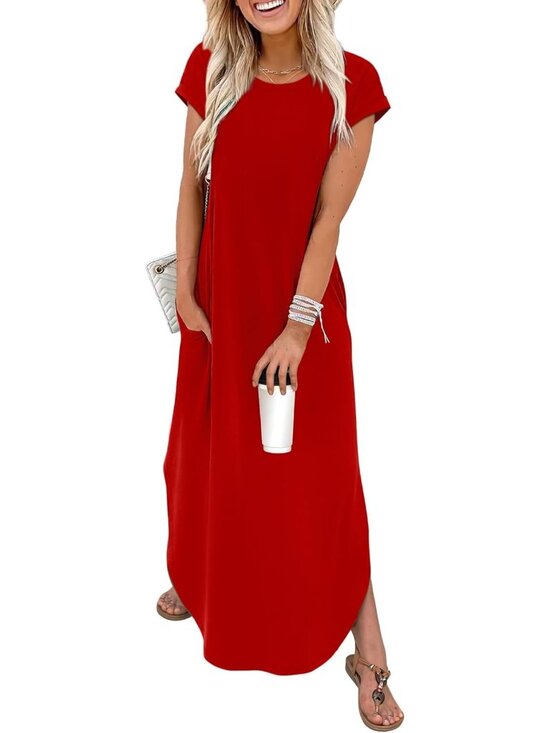 Dresses & Skirts - Women's Red Summer Cap Sleeves Crewneck Casual Beach Maxi Dress with Pockets